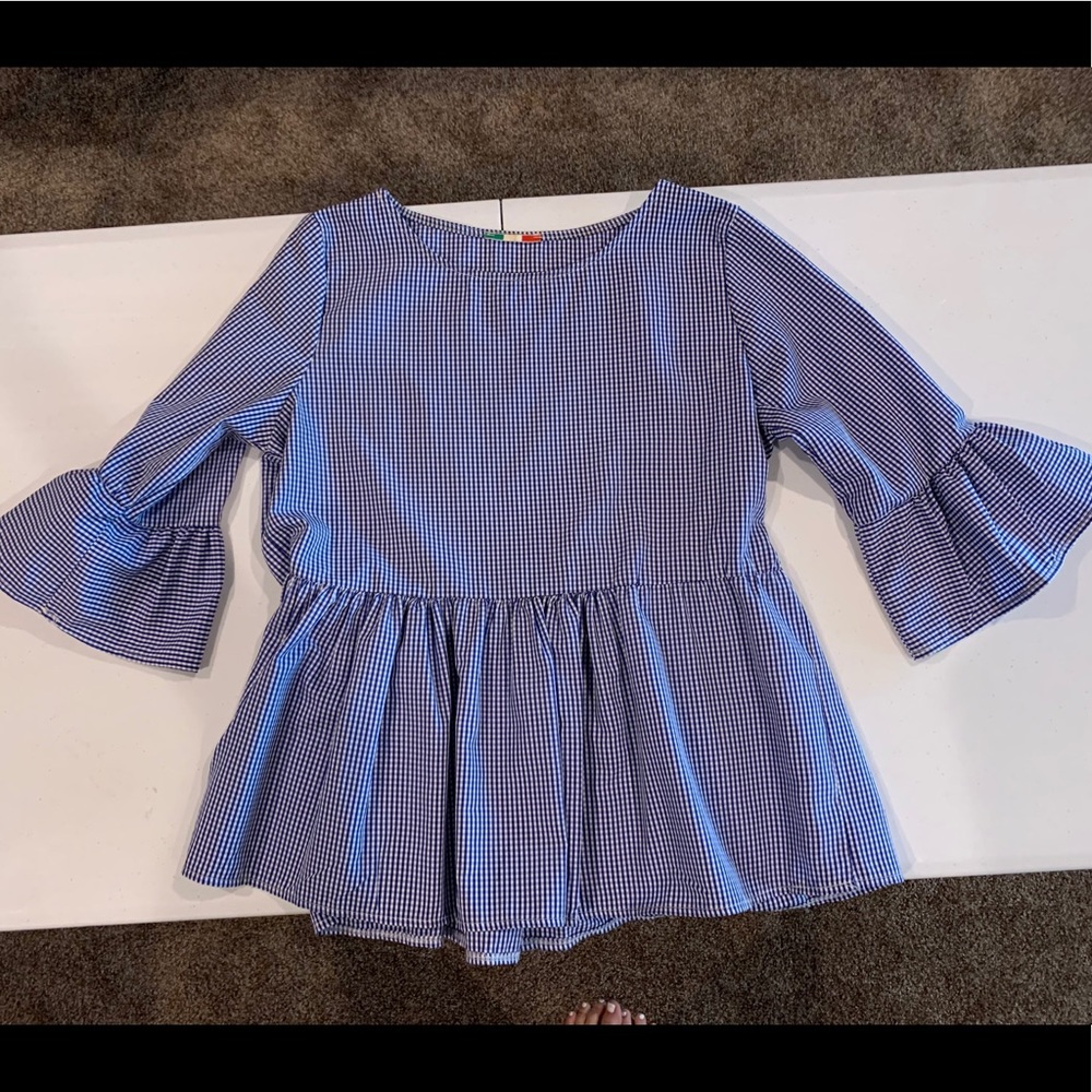 Blue Gingham peplum top with flare sleeves